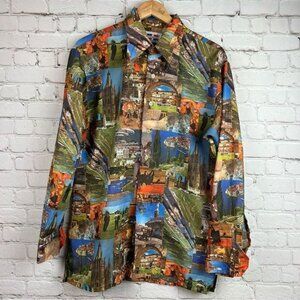 Vintage 70’s Trafalgar Travel Photo Mosaic Print Dagger Collar Disco Club Shirt